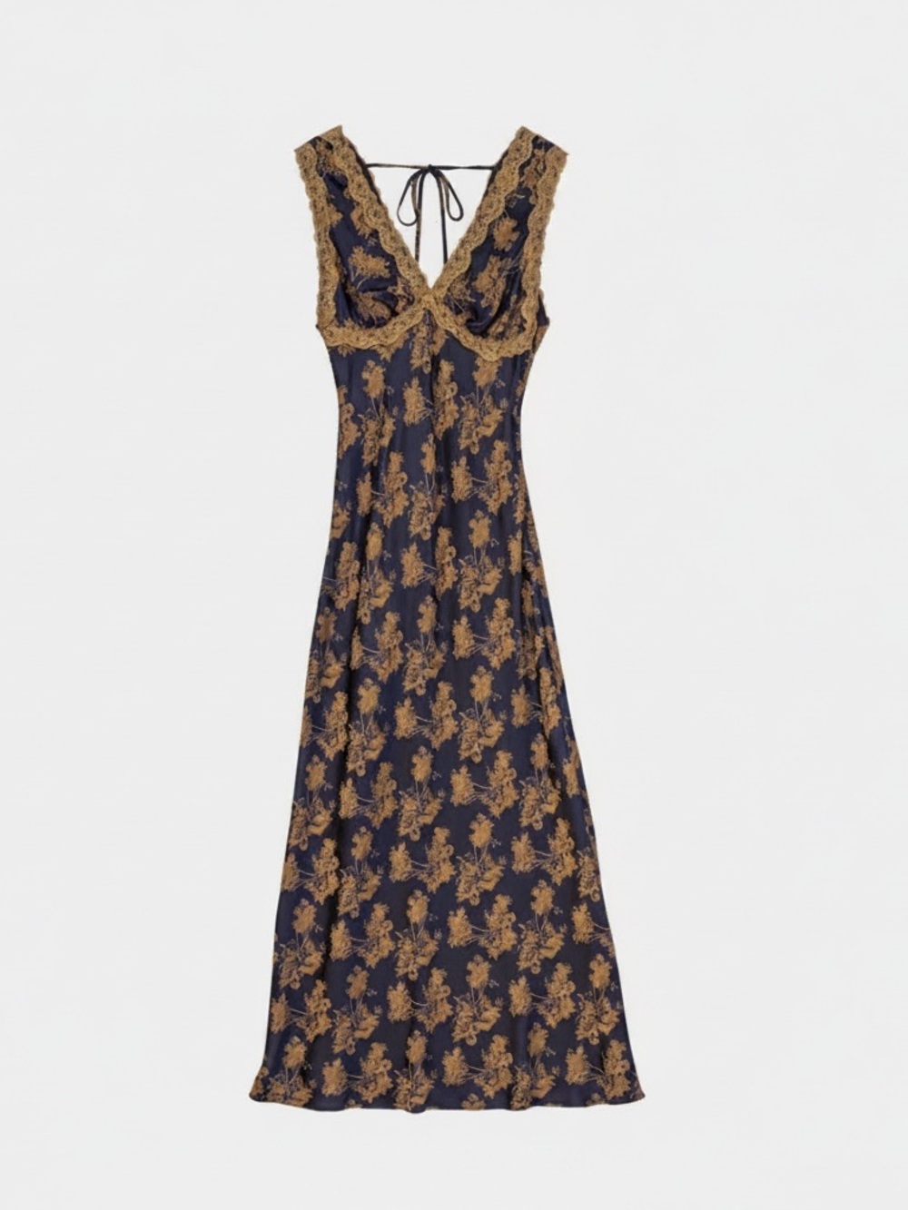 Soft Black and Gold Floral Lace Trim Maxi Dress